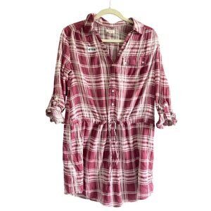 Soft Joie Plaid Women's Shirt Dress Red White Cotton Crepe Rolled Sleeve Button-